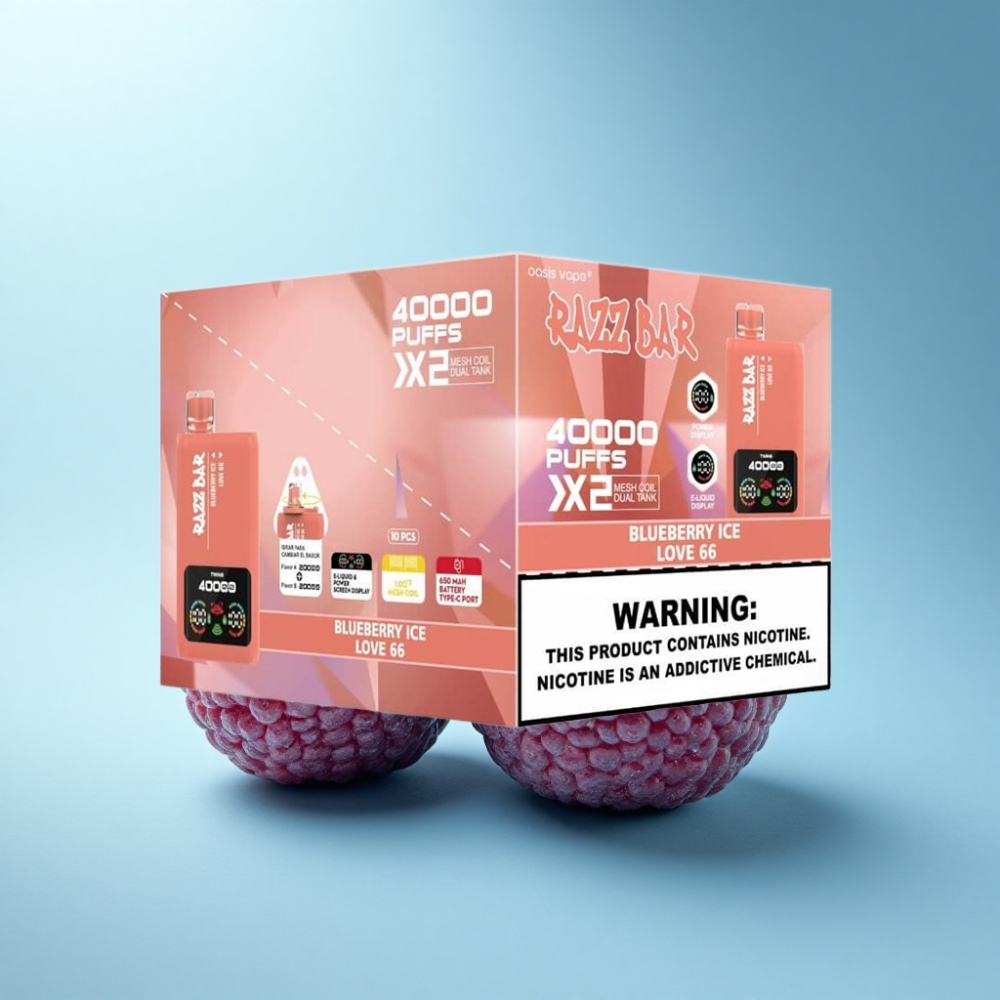 Razz Bar 40000 Puffs Disposable Vape Blueberry Ice & Love 66 with Power Screen & Mesh Coil