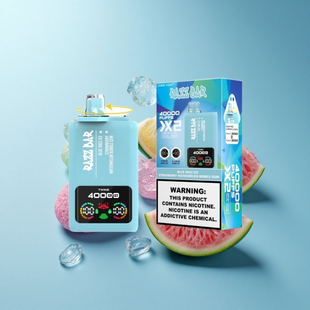 Razz Bar 40000 Puffs Disposable Vape with Power Screen & Dual Mesh Coil - Blue Razz Ice-Strawberry Watermelon Bubble Gum