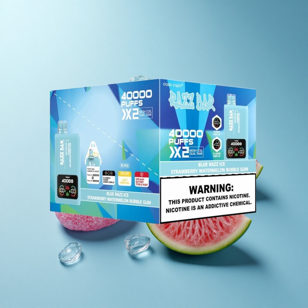 Razz Bar 40000 Puffs Disposable Vape with Power Screen & Dual Mesh Coil - Blue Razz Ice-Strawberry Watermelon Bubble Gum