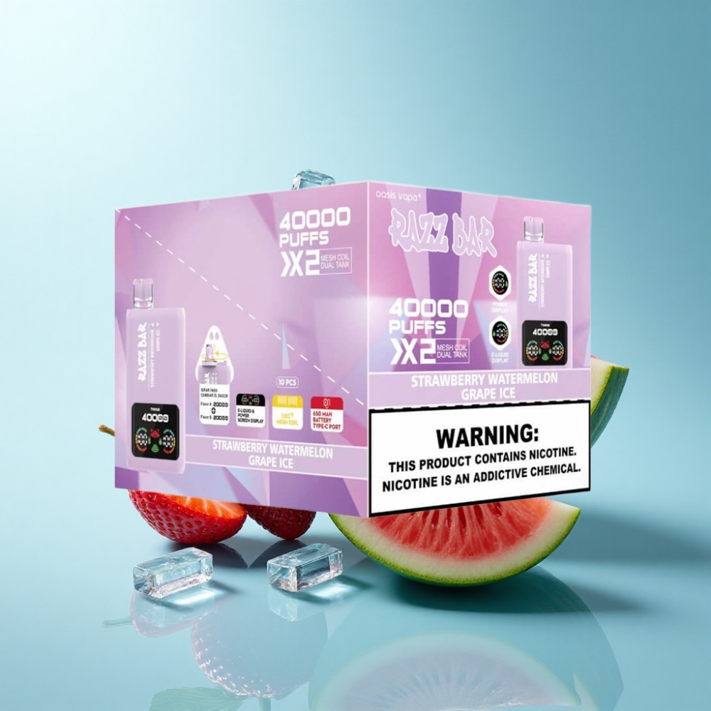 Razz Bar 40000 Puffs Disposable Vape with Power Screen & Dual Mesh Coil - STRAWBERRY WATERMELON & GRAPE ICE