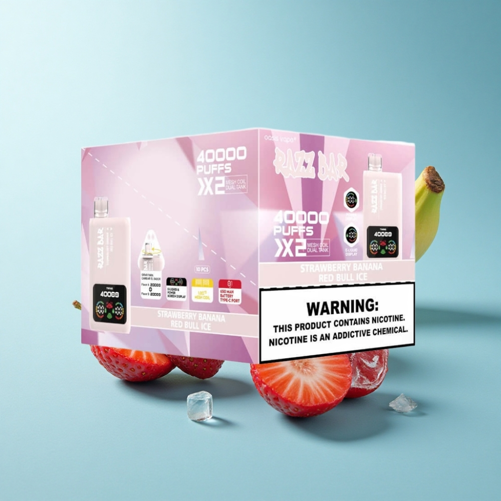Razz Bar 40000 Puffs Strawberry Banana Red Bull Ice Disposable Vape with Power Screen & Dual Mesh Coil